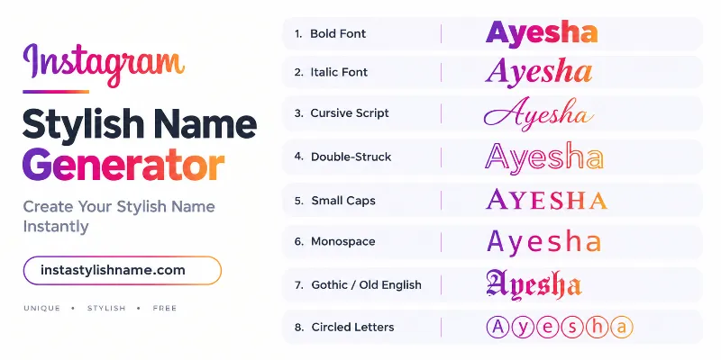 Comparison of 10 Instagram font styles showing the name Ayesha in bold, italic, cursive script, double-struck, small caps, monospace, Old English, circled, full-width, and underline