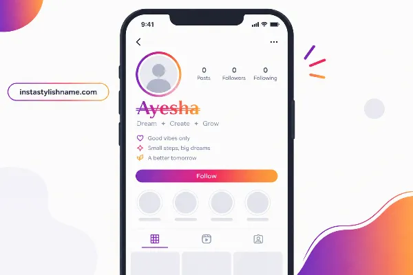 Smartphone mockup showing an Instagram profile with a stylish double-struck name and matching bio font