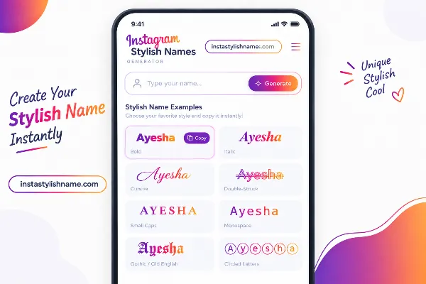 Instagram Stylish Name Generator interface showing a name input field and a selection of stylish Unicode font results
